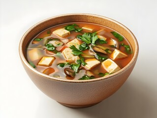 A 3D rendered image of a warm and inviting bowl of nutritious vegetarian soup filled with tofu and mushrooms set against a clean and minimalist background with ample copy space