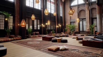 Fototapeta premium Soft cushions and blankets cover the floor in a bohemian-style living room adorned with plants and hanging lanterns under natural light