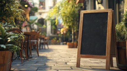 An empty sandwich board on a sidewalk in front of a quaint