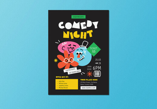 Black Retro Abstract Cartoon Comedy Night Flyer Layout