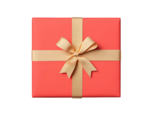 A beautifully wrapped coral gift box with a golden ribbon, perfect for holidays, celebrations, or special occasions.