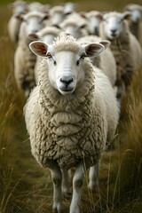 Fototapeta premium A single sheep stands in front of a flock, looking directly at the camera.
