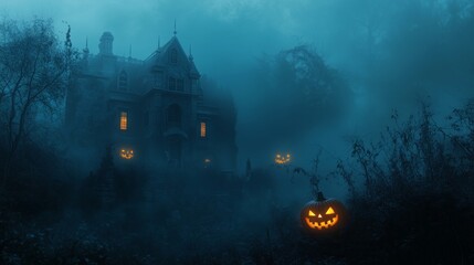 Background for Halloween with a haunted mansion and glowing jack-o'-lanterns on a dark, misty forest backdrop, eerie atmosphere with fog, space for text overlay.