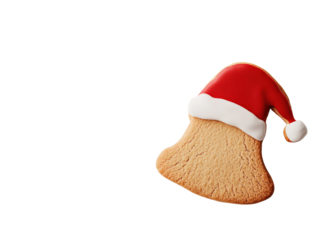 A festive Christmas cookie shaped like a bell, topped with a red Santa hat, perfect for holiday celebrations and baking inspiration.