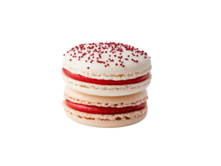 Delicious macarons stacked elegantly, topped with red sprinkles. A perfect treat for any celebration or sweet tooth craving.