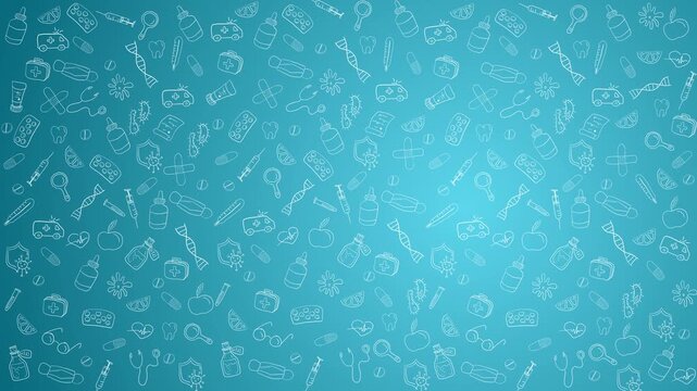 Abstract modern medical blue wallpaper with icons. Loop simple background.