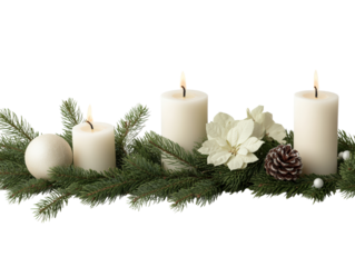 Elegant arrangement of white candles nestled among pine branches and winter floral decor, perfect for holiday celebrations.