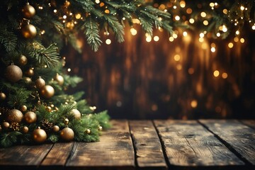 Christmas Decorations on Wooden Table with Lights Background