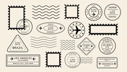 International Travel Stamps. Stamp different mail delivery postmark. Airplane postmarks on yellow background.