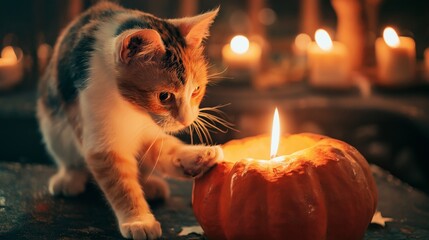 Calico cat curiously pawing at a flickering candle inside a pumpkin on a misty autumn evening.