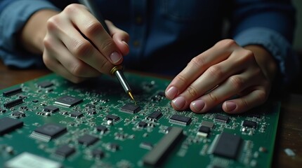 Circuit Board Repair: Close-up of Technician Hands Soldering Electronic Components with Precision Tools