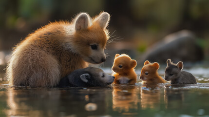 Fototapeta premium A mother fox is sitting with her three cubs in a river. The cubs are playing and splashing in the water