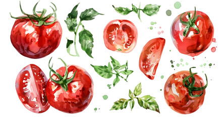 Watercolor illustration of red tomatoes with green leaves. Fresh, vibrant, and colorful depiction of tomatoes in various stages.