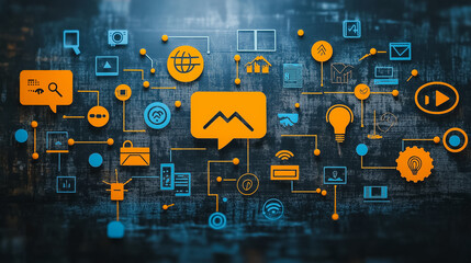 A colorful image of a network of technology icons, including a light bulb and a microphone, with the word "M" in the middle