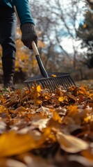 A person raking fallen autumn leaves, focusing on the rake and leaves. Fall cleanup. Vertical banner