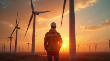 Wind Farm Engineer at Sunset: Renewable Energy Professional Overlooking Turbine Field in Golden Hour Light