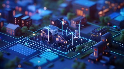 Obraz premium Miniature cityscape with glowing blue lines, buildings, wind turbines, and trees.