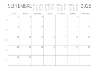 Calendrier Septembre 2025 Mensuel Planificateur avec Numero de Semaine à imprimer A4