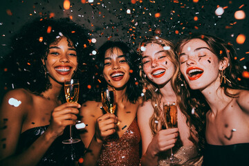 AI generated photo of beautiful girls celebrating New Year's Eve with champagne and confetti. Festive sparkle New year's party. Girl's night out