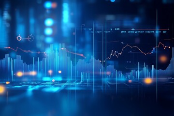 Dark-themed futuristic financial data analysis image with glowing line graphs and charts, blurred background.
