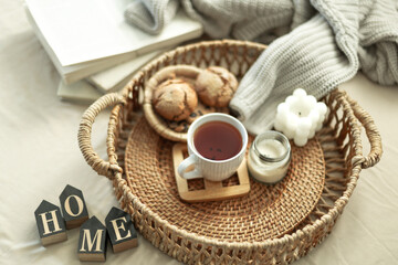 Cozy composition with the inscription home. Home coziness and comfort