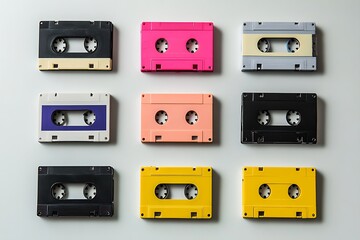 Fototapeta premium Collection of vintage audio cassette tapes with various designs, neatly arranged against white background.
