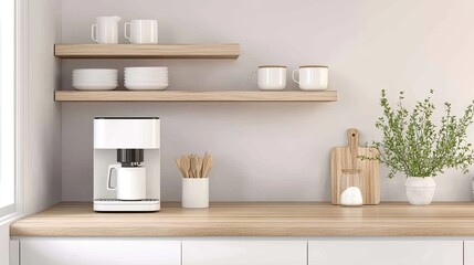 Wooden shelves hold white plates and cups beside a coffee maker, surrounded by utensils in a modern kitchen with light wood cabinets and a textured brick wall