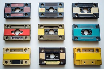 Fototapeta premium Collection of vintage audio cassette tapes with various designs, neatly arranged against white background.