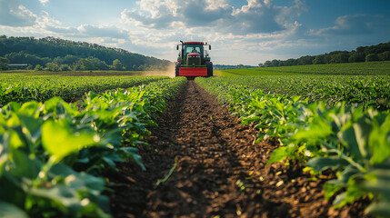 Fototapeta premium A tractor is driving through a field of green plants