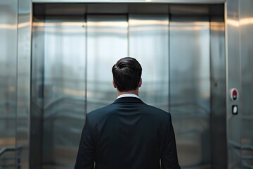 Fototapeta premium A businessman in a suit standing in front of elevator