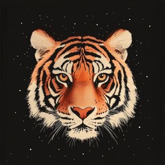 Tiger Face Against A Starry Night Sky