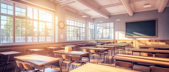 Sunlit classroom with large windows, wooden desks and chairs, warm and inviting atmosphere.