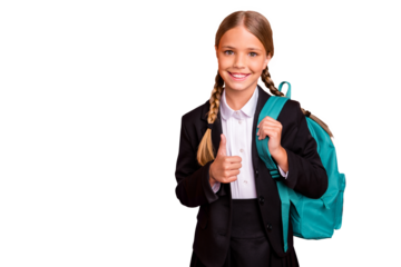 Close up photo beautiful she her little lady funky funny hairdo hand arm thumb raised up approval quality news wear formalwear shirt blazer skirt school form bag isolated bright orange background