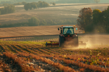 Tractor plowing the field in autumn
