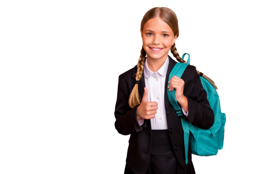 Close up photo beautiful she her little lady funky funny hairdo hand arm thumb raised up approval quality news wear formalwear shirt blazer skirt school form bag isolated bright orange background