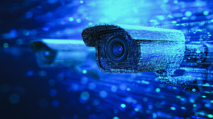 Two computer generated cameras are shown in a blue background. Concept of technology and surveillance, as the cameras are depicted as being part of a larger system