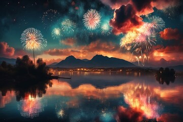 Fireworks Over Lake and Mountains at Dusk