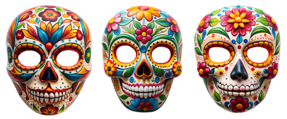 Set of sugar skull masks on transparent background to celebrate the Day of the Dead. Mexican symbol for the traditional Dia de los Muertos celebration.