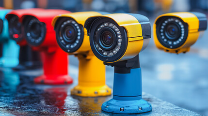 Fototapeta premium A row of security cameras are lined up in a row. The colors of the cameras are red, yellow, blue, and green. The cameras are all facing the same direction, and they are all turned on