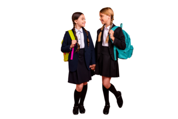 Full length body size photo two beautiful she her little ladies funny hands arms together ready first learn day wear formalwear shirt blazer skirt school form bag isolated bright orange background