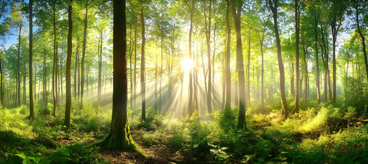 Fototapeta premium A beautiful forest with tall trees and sunlight shining through the leaves