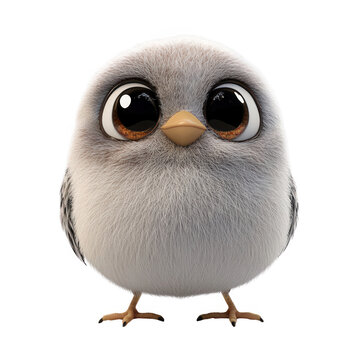 A cute little bird with big eyes and a fuzzy white coat