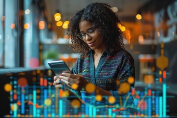 A woman with glasses is focused on analyzing data on her tablet in a modern setting, with illuminated charts and graphs, reflecting technology and professionalism.