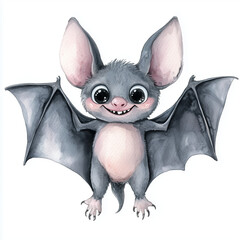 Cute Watercolor Bat with Big Eyes and Outstretched Wings on a White Background