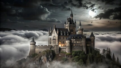 Majestic stone castle on a mountaintop shrouded in mist, with a bright moon and dark clouds in the sky.