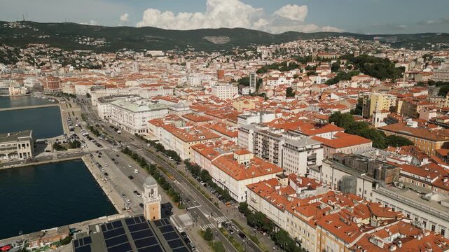 Trieste Promenade And Waterfront Cityscape In Northeastern Italy. Aerial Drone Shot
