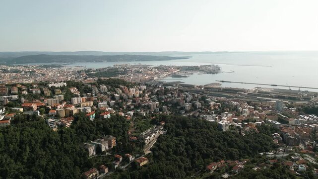 Panoramic View Of Trieste Capital City On The Friuli Venezia Giulia Region In Northeast Italy. Aerial Drone Shot