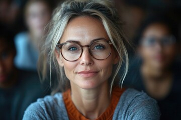 Confident Female Psychologist in Grey Shirt and Eyeglasses with Diverse Group of Young Patients