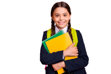 Close up photo beautiful she her little lady funky funny hairdo hands arms learn notebooks glad return see classmates wear formalwear shirt blazer school form bag isolated bright orange background