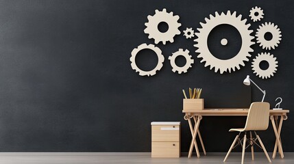 White gears are showcased on a black wall above a stylish desk in a modern office, providing an industrial aesthetic with a city view
